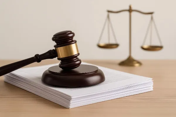 An image of a judge's gavel resting on top of a stack of legal documents, symbolizing the legal process involved in property division during divorce proceedings. In the background, there is a partially blurred scale of justice, representing the concept of