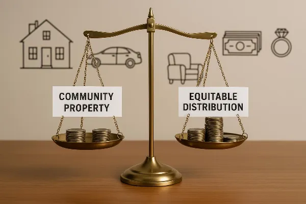 An image depicting a balanced scale with two sections: one labeled "Community Property" and the other labeled "Equitable Distribution." The Community Property side shows an equal division of coins, symbolizing equal asset division. The Equitable Distribut