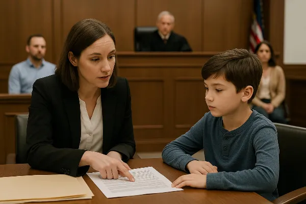 An image of a courtroom scene in Oregon, focusing on a family law case. In the foreground, a child attorney is seated at a table with legal documents, engaging attentively with a young child who appears to be around 10 years old. The attorney is pointing