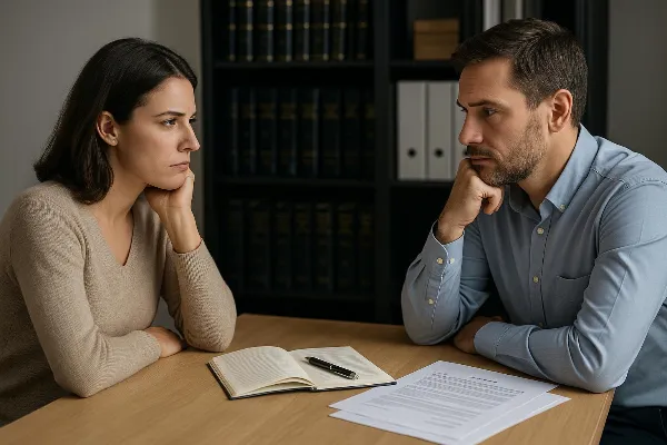An image of a couple sitting across from each other at a wooden table in a law office, both appearing thoughtful and engaged in conversation. On the table lies an open notebook, a pen, and several legal documents related to spousal support. In the backgro