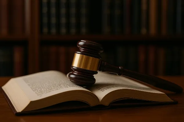 An image showing a close-up of a gavel resting on an open law book, symbolizing legal proceedings in child custody cases. The background is softly blurred, featuring shelves filled with legal books, emphasizing the context of family law. The lighting high