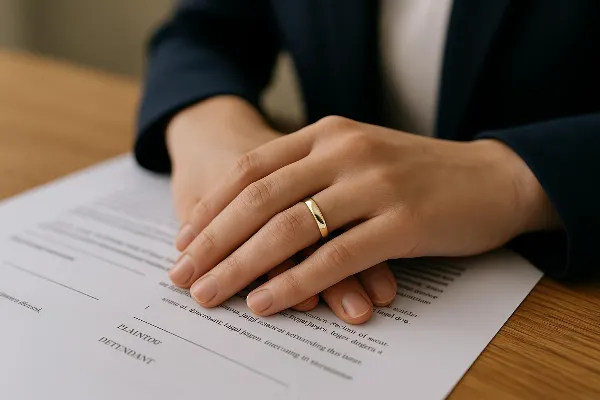 A close-up image of a woman's hand wearing a wedding ring, resting gently on a legal document. The document features visible text and legal jargon, suggesting its relevance to divorce proceedings. The focus is on the ring, symbolizing its significance in