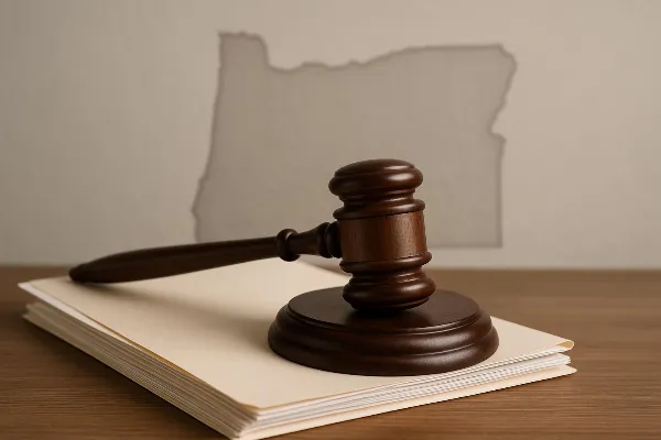 An image of a gavel resting on top of a stack of legal documents, symbolizing the legal aspects of joint custody arrangements in Oregon. The background shows a subtle outline of the state of Oregon, emphasizing the regional focus. The gavel represents the