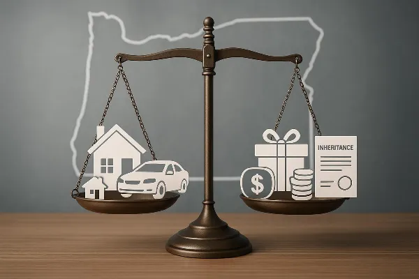 An image illustrating the concept of property division in an Oregon divorce. The scene shows a balanced scale with two sides: one side holds various items representing marital property such as a house, car, and shared bank account symbols; the other side