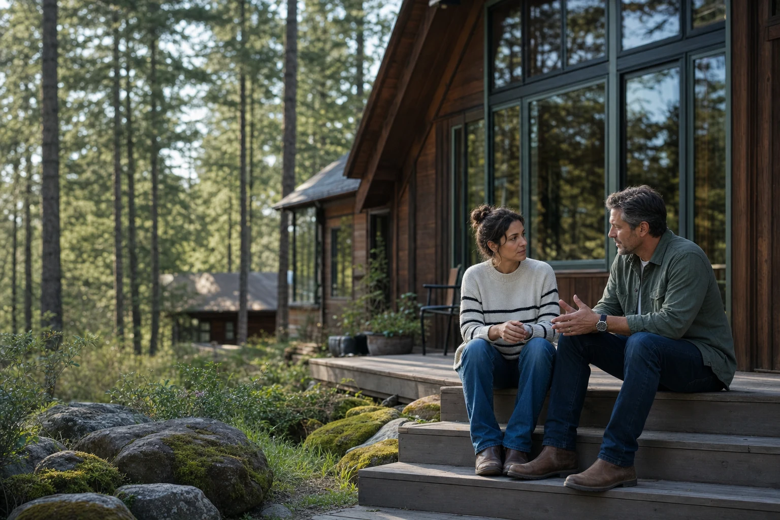 Image of a cozy, rustic cabin nestled in the lush, green woods of Oregon. The cabin, constructed with wooden logs and featuring a small porch, sits beside a tranquil lake reflecting the surrounding tall pine trees. This serene setting highlights the type