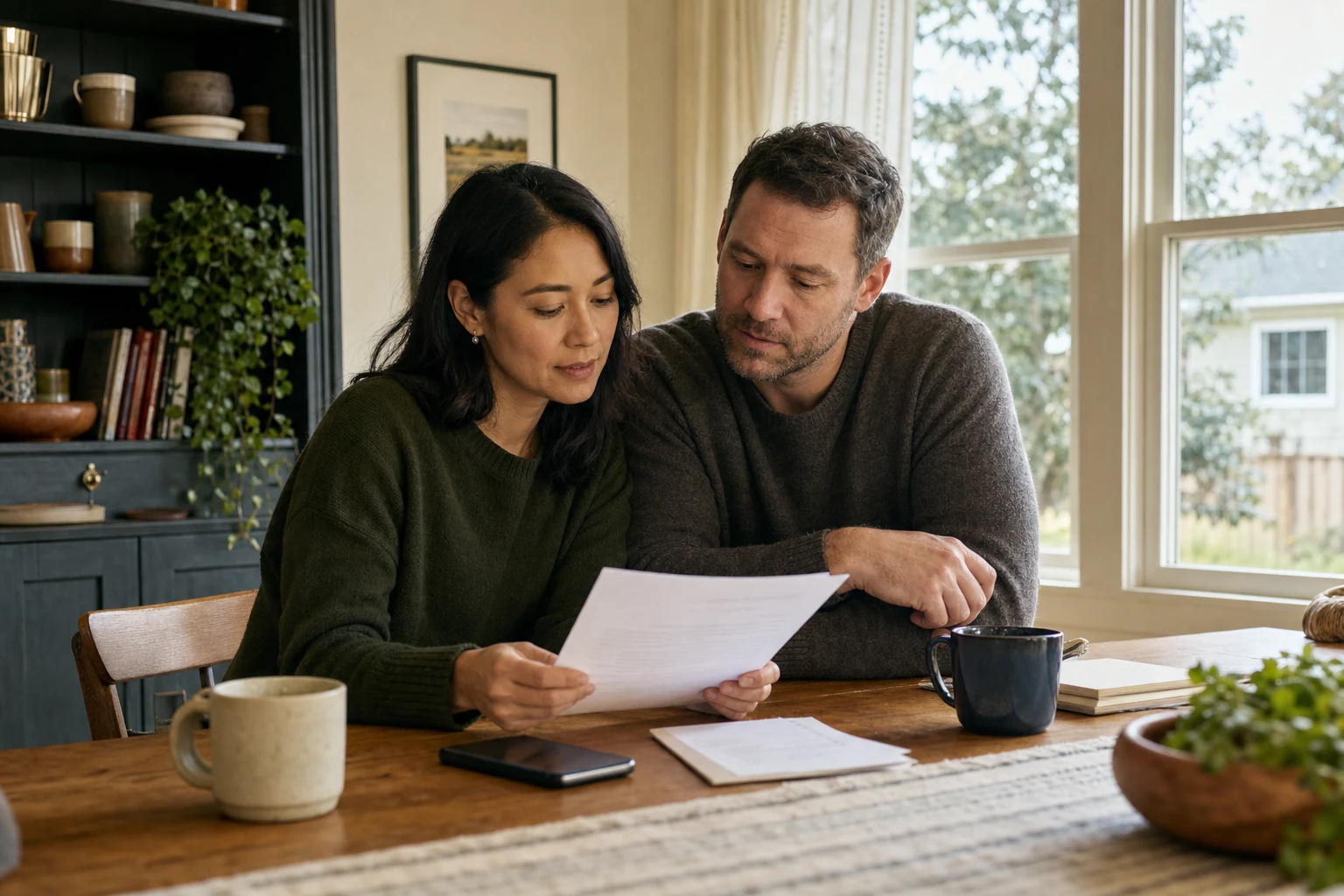 An image of a solemn-looking middle-aged couple seated at a wooden table, each holding a pen and reviewing a stack of legal documents. The man, in a suit, is looking down at the papers with furrowed brows, while the woman, wearing glasses and business att